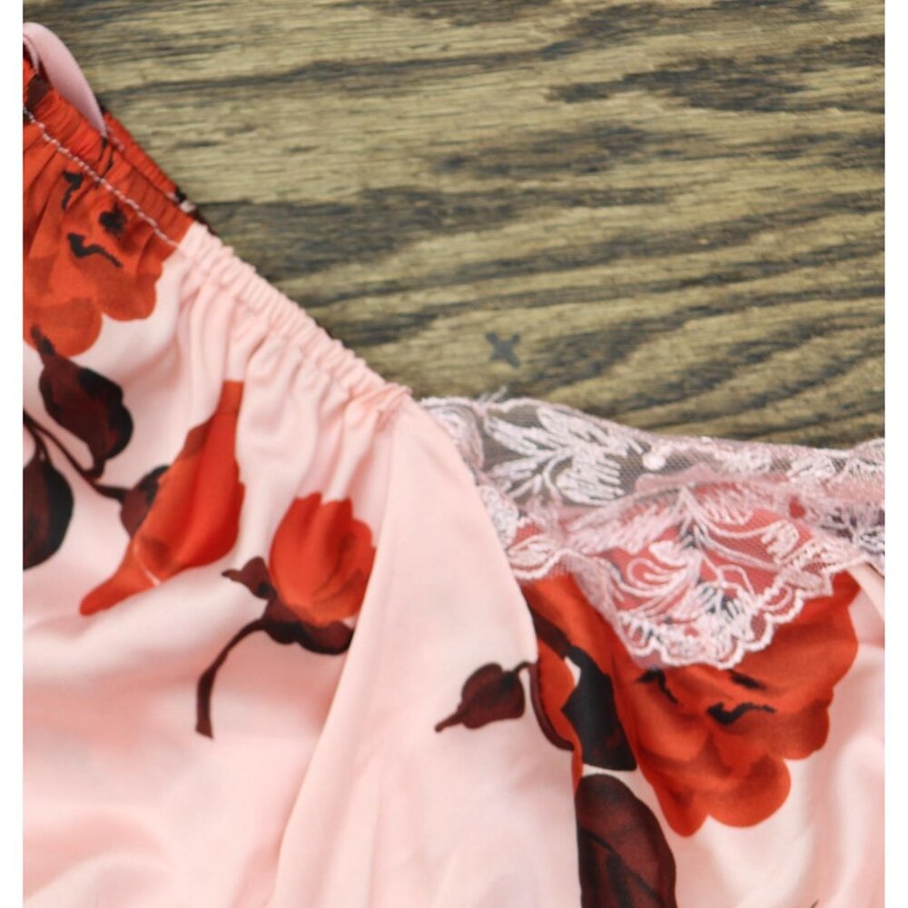 NWT B. Darlin Floral Print Satin Puff Sleeve Midi Dress Pink / Red Multi 5 / 6 - Picture 9 of 11